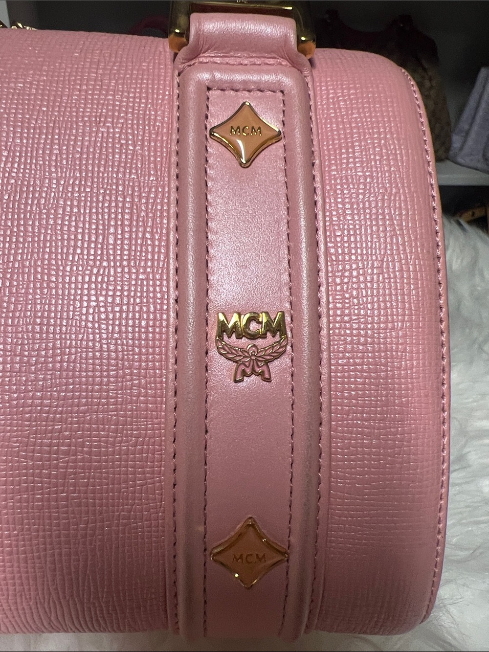 MCM Pink Leather Barrel Satchel with Gold Hardware - Picture 8 of 12